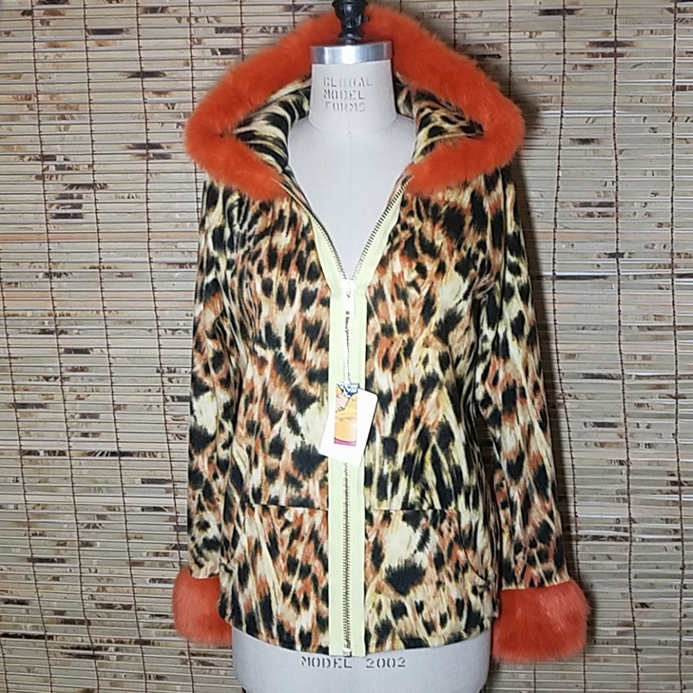 New Zip Orange Print Fleece Faux Fur Hoody